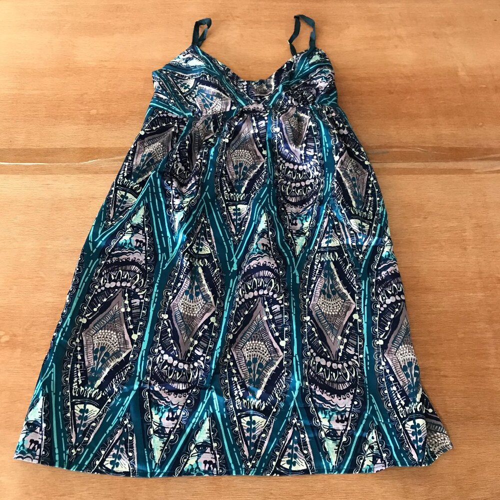 Cinnamon Girl Mini Dress Women 2 Blue Geometric Tribal Sleeveless Slimming 18857